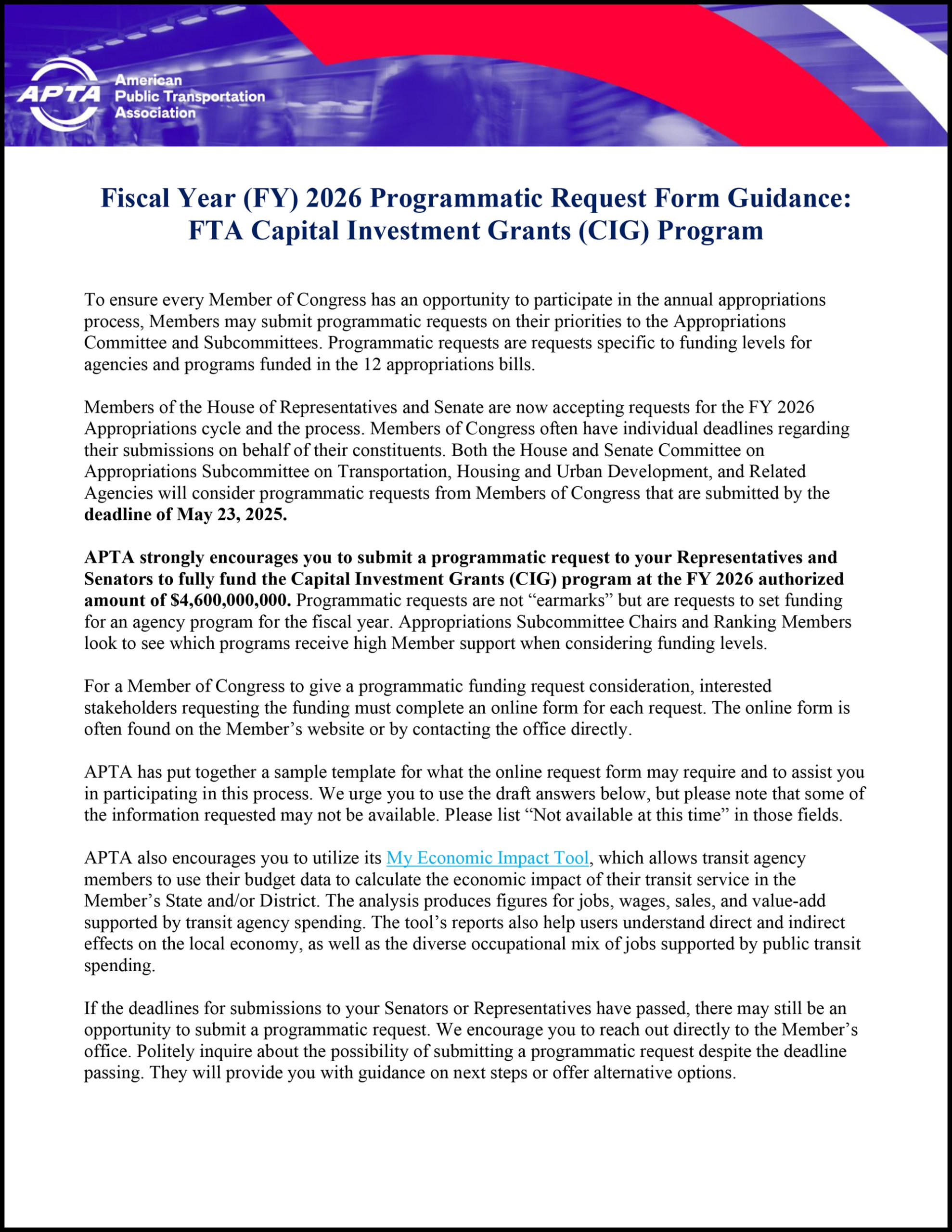 APTA Releases FY26 CIG Program Request Form Guidance | Passenger Transport