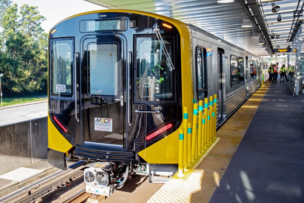 A Maryland DOT train at an MTA rail station.