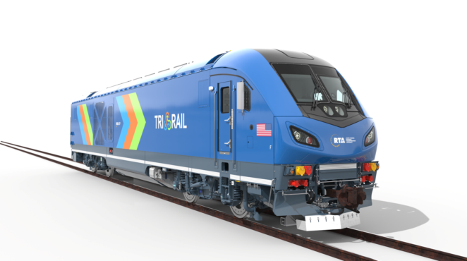 Tri-Rail train on white background
