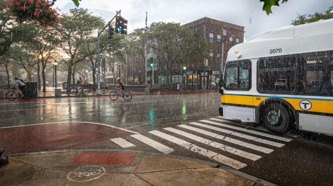 MBTA bus in the rain