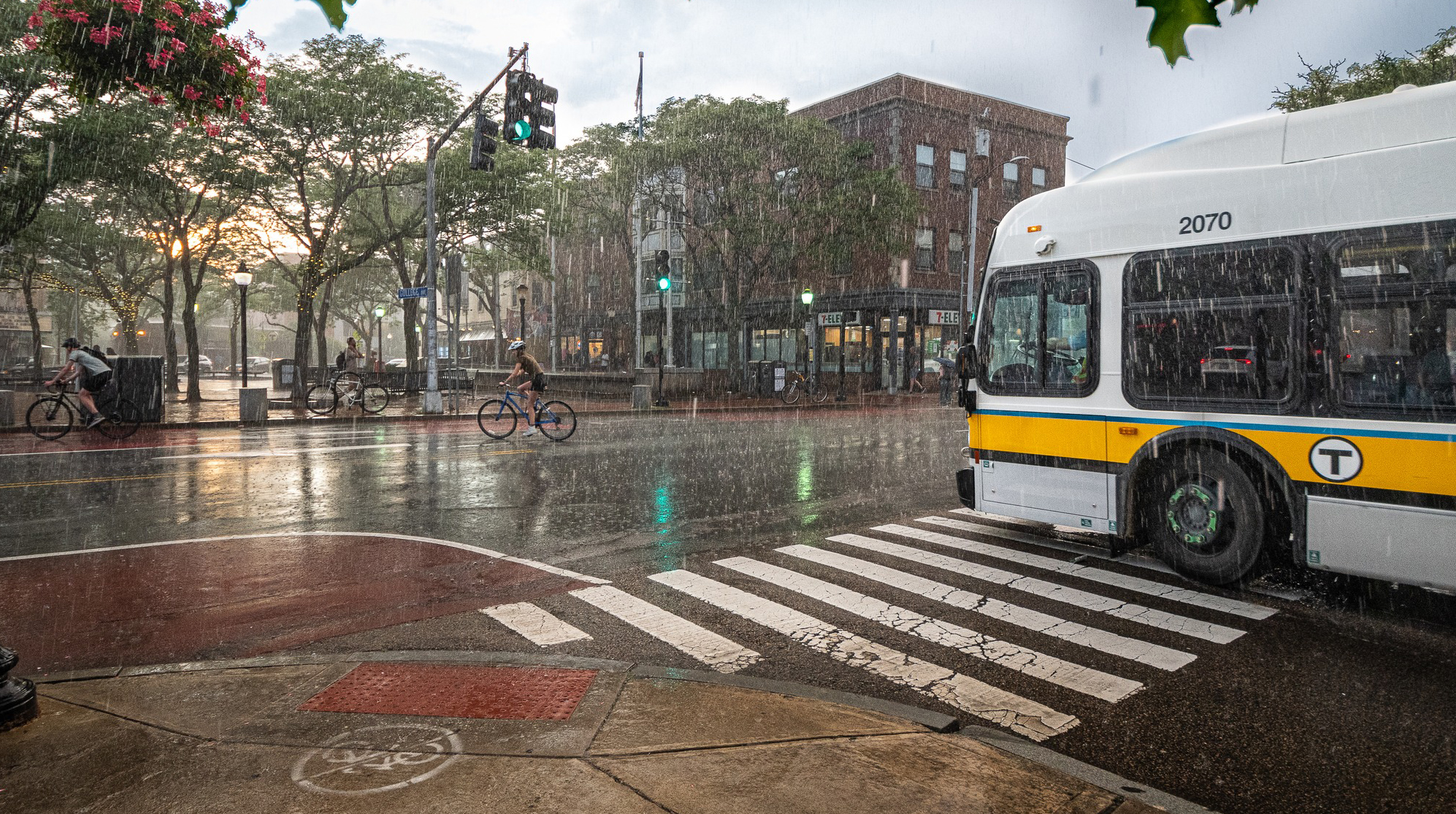 MBTA bus in the rain