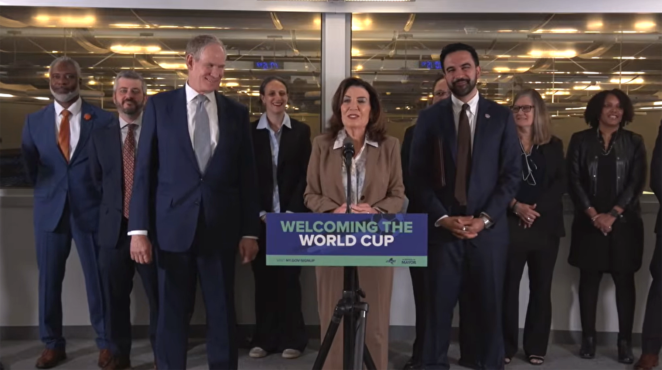New York Governor Kathy Hochul, New York City Mayor Zohran Mamdani, and Metropolitan Transportation Authority CEO Janno Lieber with others at a news conference