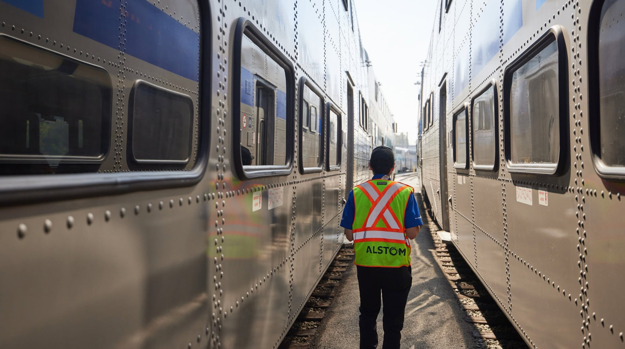 Alstom employee between two trains