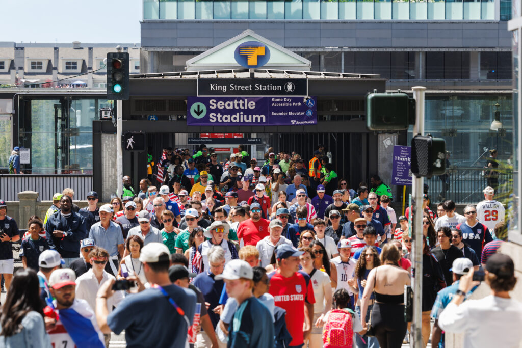 Weller St Bridge crowded with fans after Seattle's second world cup game between the USA and Australia on June 19, 2026.