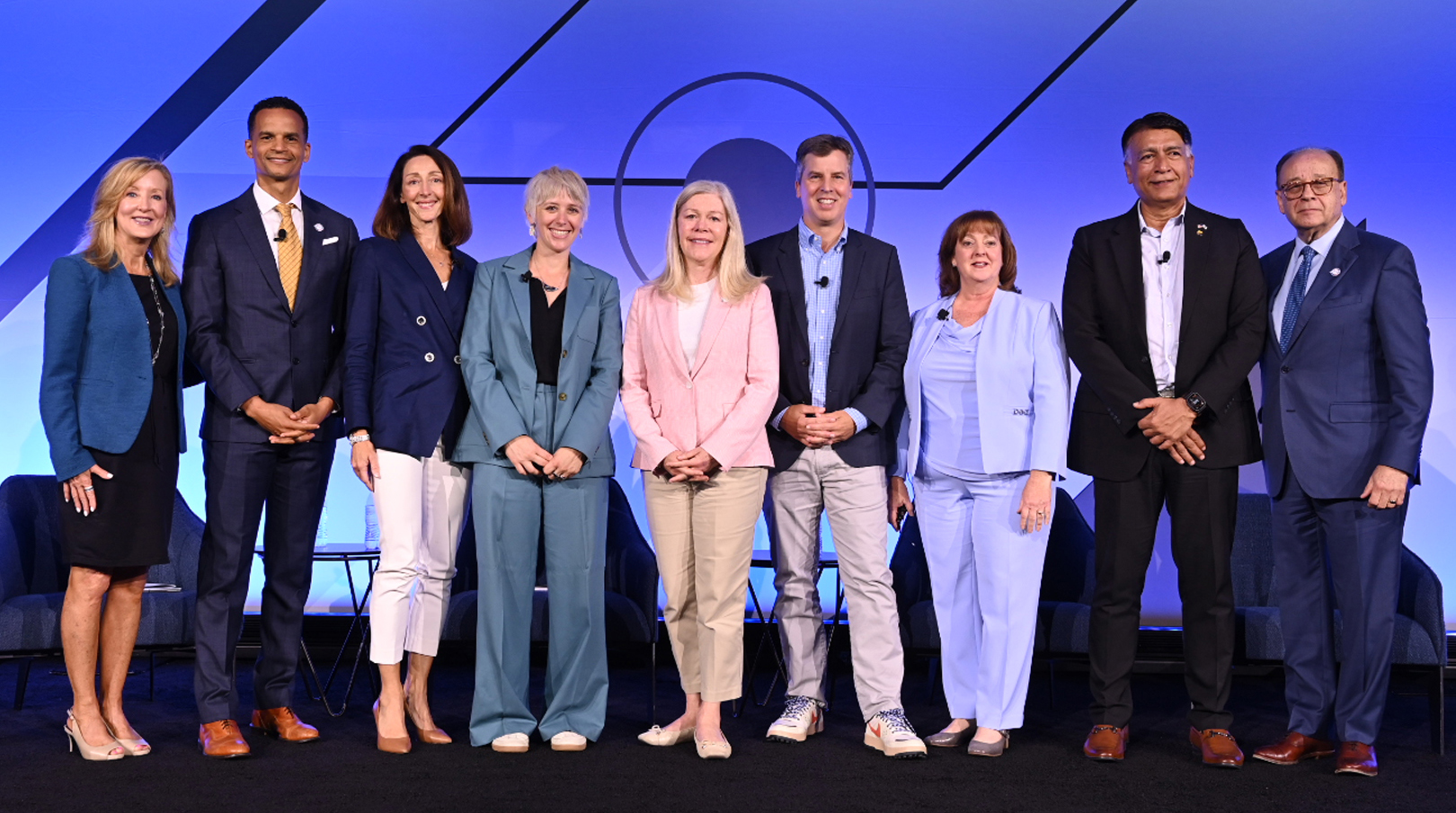 APTA Immediate Past Chair MJ Maynard-Carey; APTA Vice Chair Joel Young; panel moderator Jessica Mefford-Miller; panelist Holly Arnold; APTA Chair Leanne Redden; panelists Gregory Canally, Carolyn Gonot, and Ian Choudri; and APTA President and CEO Paul P. Skoutelas.