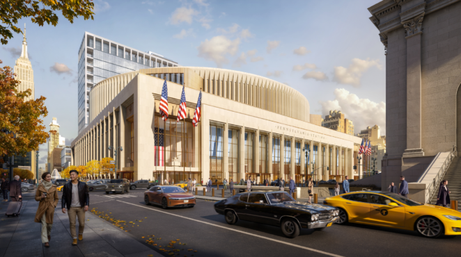 Rending of proposed exterior of New York Pennsylvania Station, provided by Penn Transformation Partners and Amtrak.