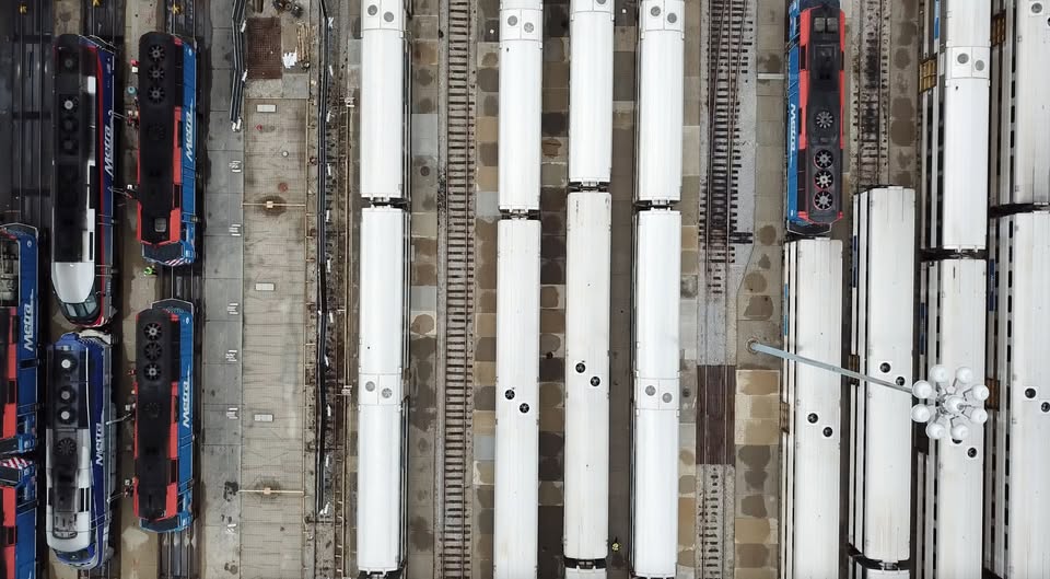 Overhead view of Metra trains.