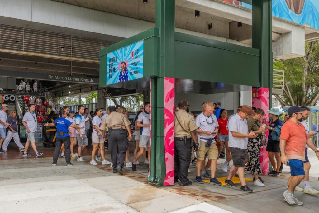 Fans line up at a station in Miami.
