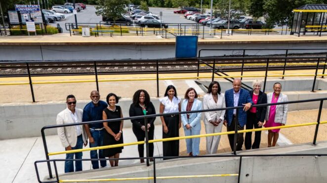 Lt. Governor Aruna Miller and Prince George’s County Executive Aisha Braveboy pose with others at the Bowie State MARC station.