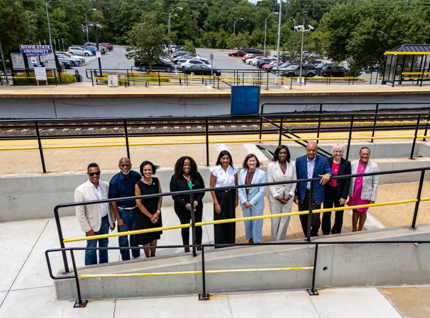 Lt. Governor Aruna Miller and Prince George’s County Executive Aisha Braveboy pose with others at the Bowie State MARC station. 
