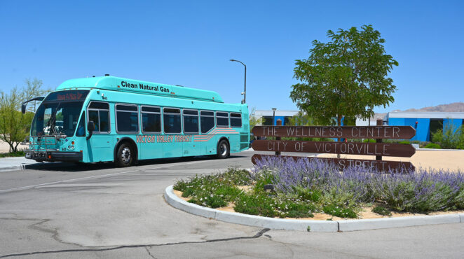 VVTA natural gas bus at the Victorville Wellness Center.