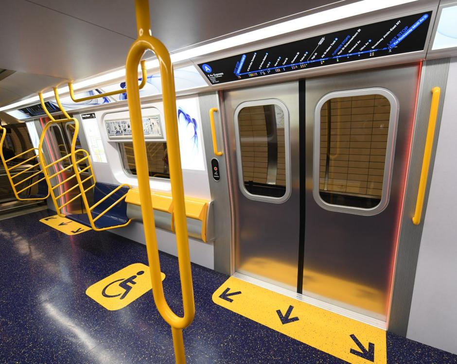 Accessibility features inside a new R211 subway car.