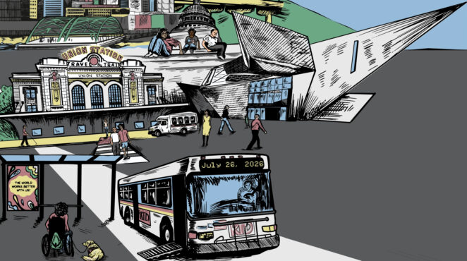 A stylized drawing of a Denver Union Station and a wheelchair user with a dog about to board a bus via a ramp. Provided by RTD-Denver.