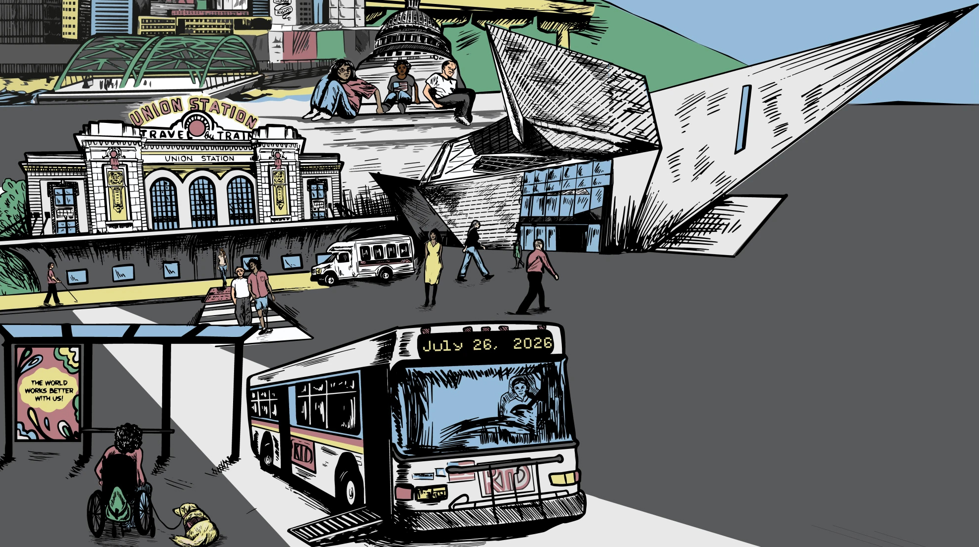 A stylized drawing of a Denver Union Station and a wheelchair user with a dog about to board a bus via a ramp. Provided by RTD-Denver.