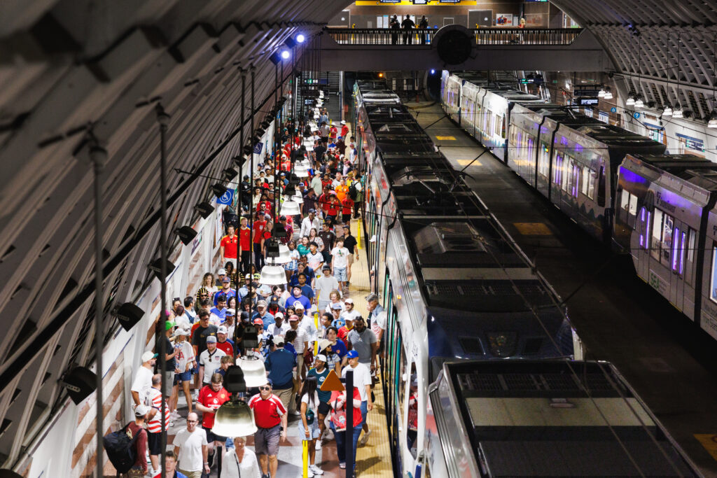 Fans at Pioneer Square Station head to the Egypt-Belgium World Cup game at Seattle Stadium on June 15, 2026.