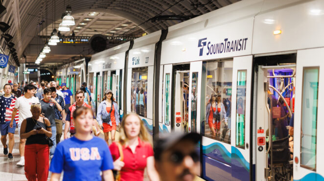 Fans on Link arrive at Pioneer Square Station for the FIFA World Cup game in Seattle between the USA and Belguim on July 6, 2026.