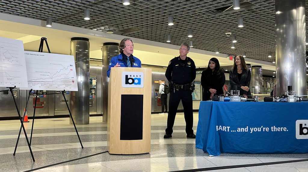 Press conference with BART General Manager Bob Powers, BART Police Chief Kevin Franklin, BART Assistant General Manager of Infrastructure Joy Sharma, and Bay Area Council President and CEO Libby Schaaf.