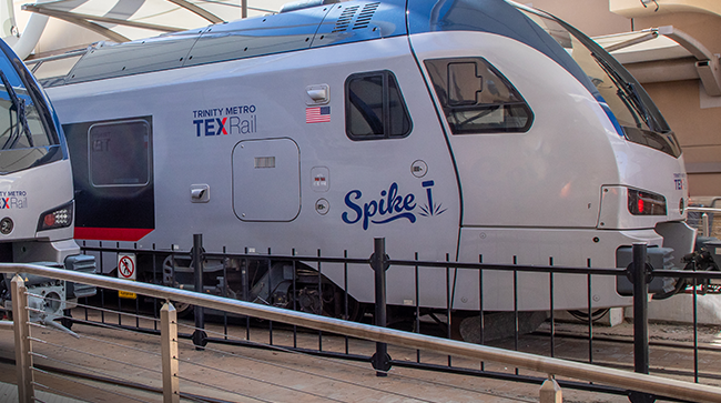 TEXRail train at a station.