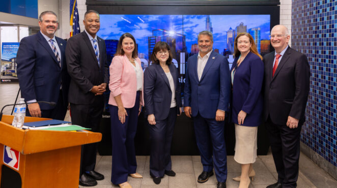 Philadelphia leaders join SEPTA General Manager Scott A. Sauer and Board Chair Kenneth E. Lawrence Jr. at a press event.