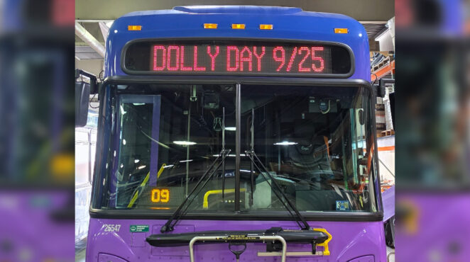 Bus with Dolly Day 9/25 on the front digital display.