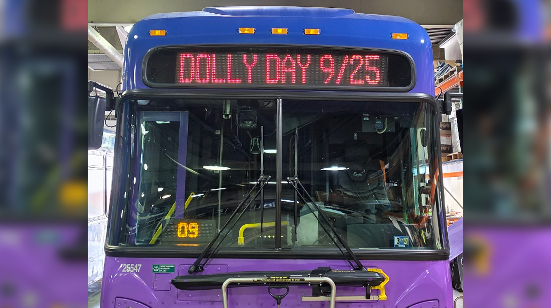 Bus with Dolly Day 9/25 on the front digital display.
