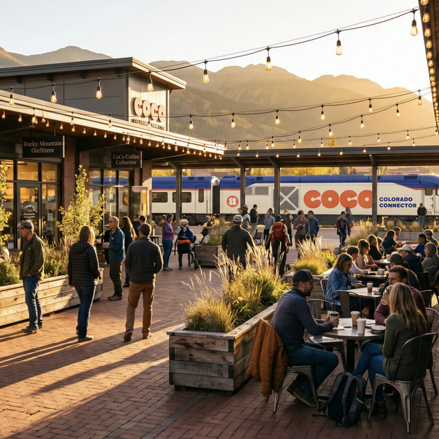 Colorado Connector passing a busy outdoor dining area.  